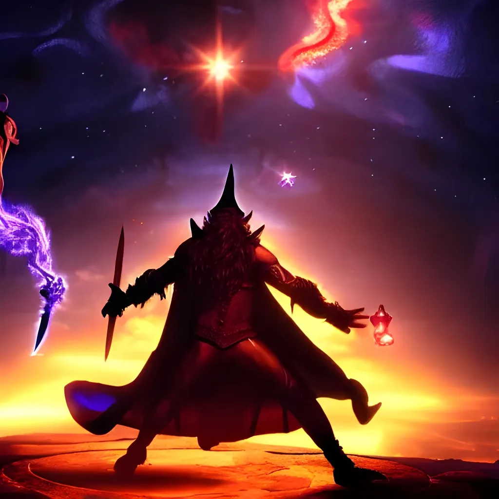 Prompt: fantasy artwork two male wizards are battling with demons that they summoned for the first time, epic scenery, stars and nebulae above in the sky, selina fenech, hd 8k
