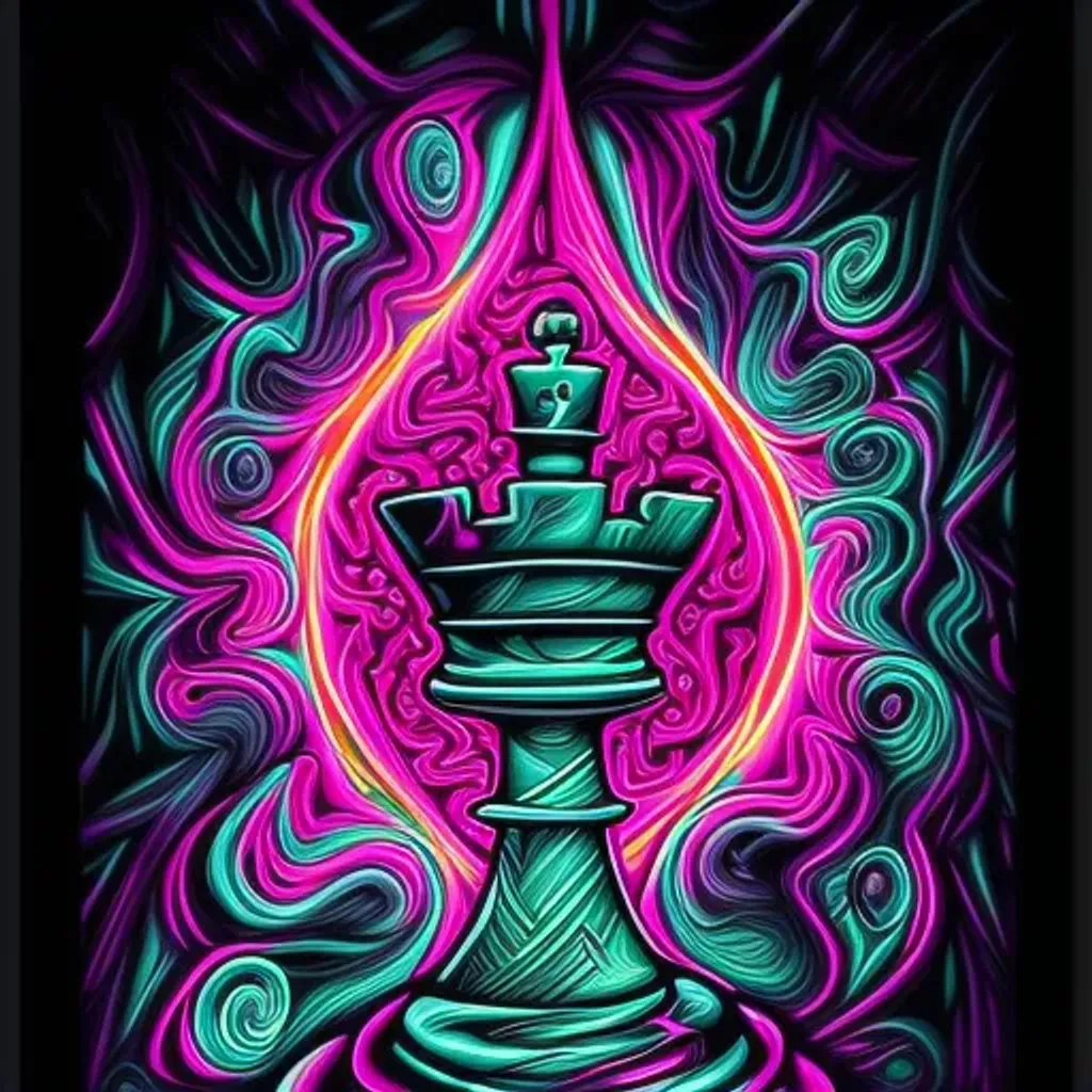 Prompt: Hypnotic illustration of chess queen hypnotic psychedelic art by Dan Mumford, pop surrealism, dark glow neon paint, mystical, Behance