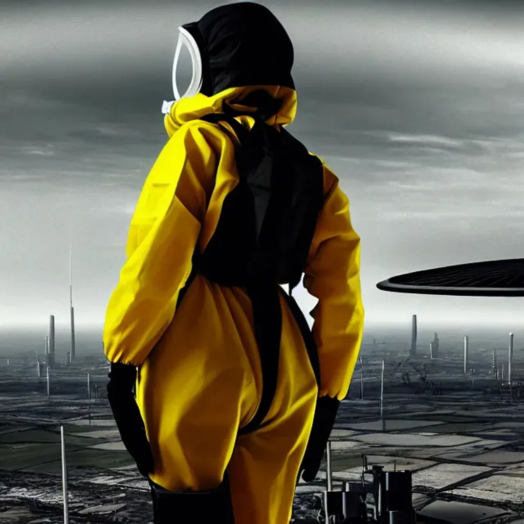 Prompt: Photograph of curvy, thin waist woman in a Hazmat suit looking over an Orwellian dystopian Westland, digital masterpiece. 
