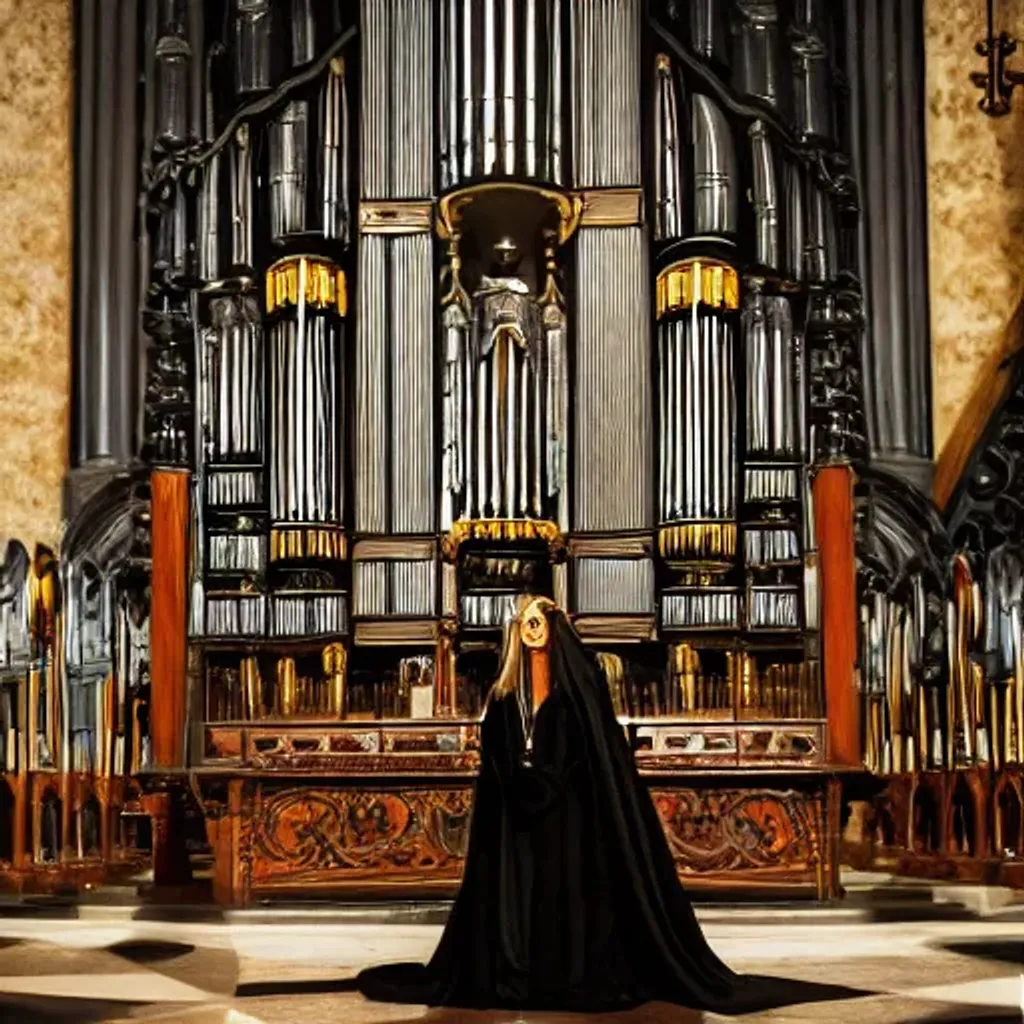 Prompt: black ornamented church organ inside an occult cathedral chrome pipes. goth. Played by a female witch maleficent cosplay. 8k