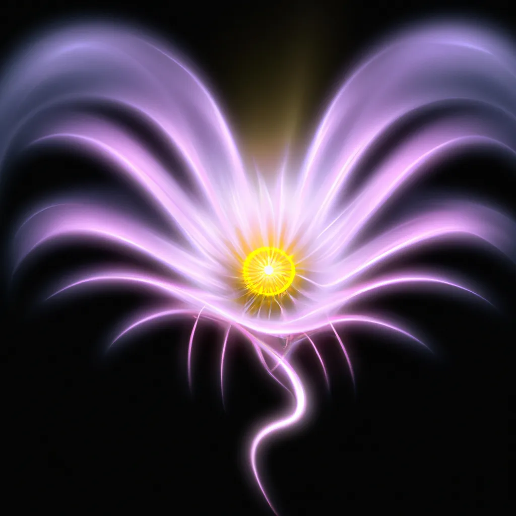 Prompt: Curvaceous Light beings | mystical dancing huge purple daisy as a light bending cute angel covered in streaks of halogen light in the style of Hieronymous Bosch, Bruce Pennington, Dali, Munch, Escher, Klarwein, Yamamoto, Hattori, Leyendecker, Mullins, Magritte, Giger | muted soft tones | dark background | ultra sharp focus | 3d octane render artstation trending 8k unreal engine | centered | Disney Pixar Dreamworks 