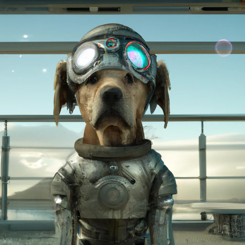 Prompt: Semi cyborg Dog as a Soldier at the top of the google designed spaceship, 80mm lens, pro photography, smooth, photoshop 4k, Full HD, extremely detailed