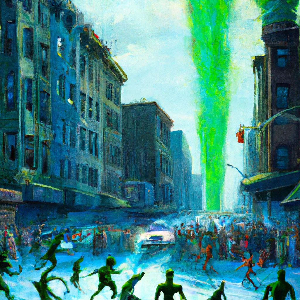 Prompt: hyperrealistic oil painting of the aliens invading earth in NYC people are running the street are ruined the buildings are on fire and the aliens are shooting slime.