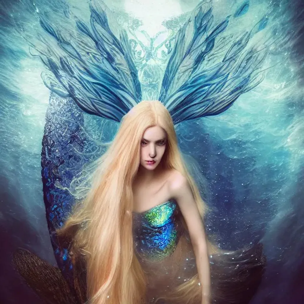 Prompt: a highly detailed professional portrait of a female mermaid, beautiful blonde hair, pale skin, blue symmetrical eyes, glowing long tail, luminescent,  otherworldly, high fantasy art, iridescent colors, ethereal aesthetic, fashion photography, intricate design, water element, detailed shiny hair, whimsical, atmospheric, dynamic lighting, photo realistic, cinematic lighting,