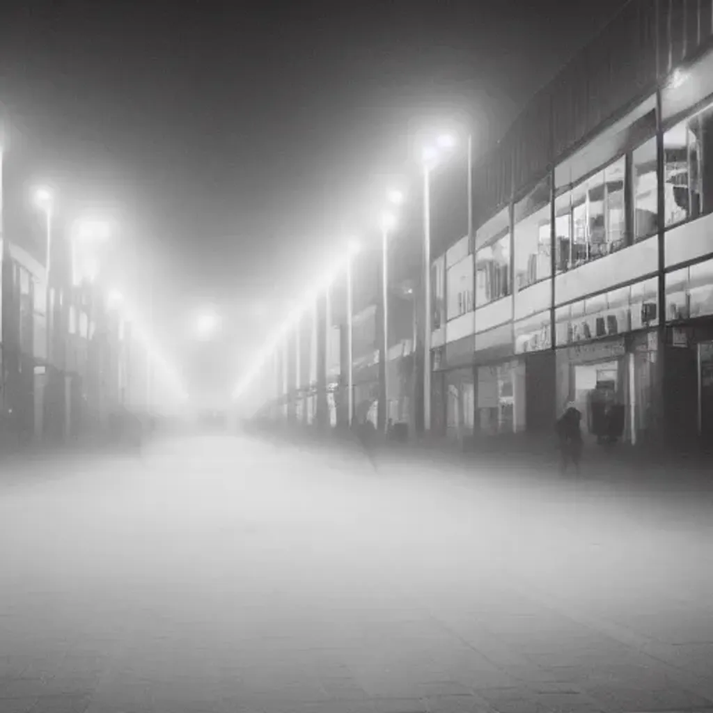 Prompt: liminal space mall in the fog at night