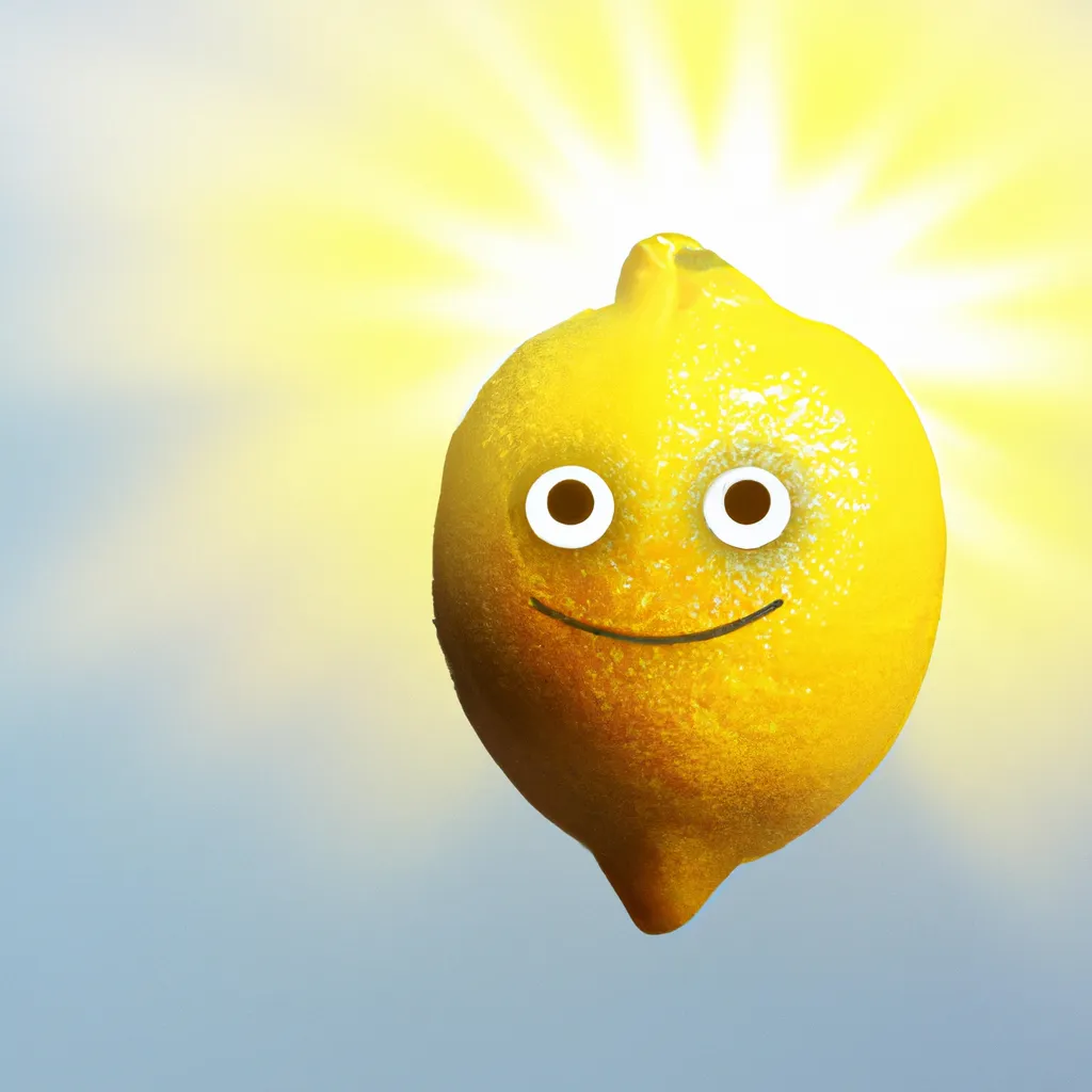 Prompt: The Sun Enlightened, Smiling Peacefully, Photo Realistic Ultra 3-D Very yellow Lemon, Huge beams of light shining from it. 