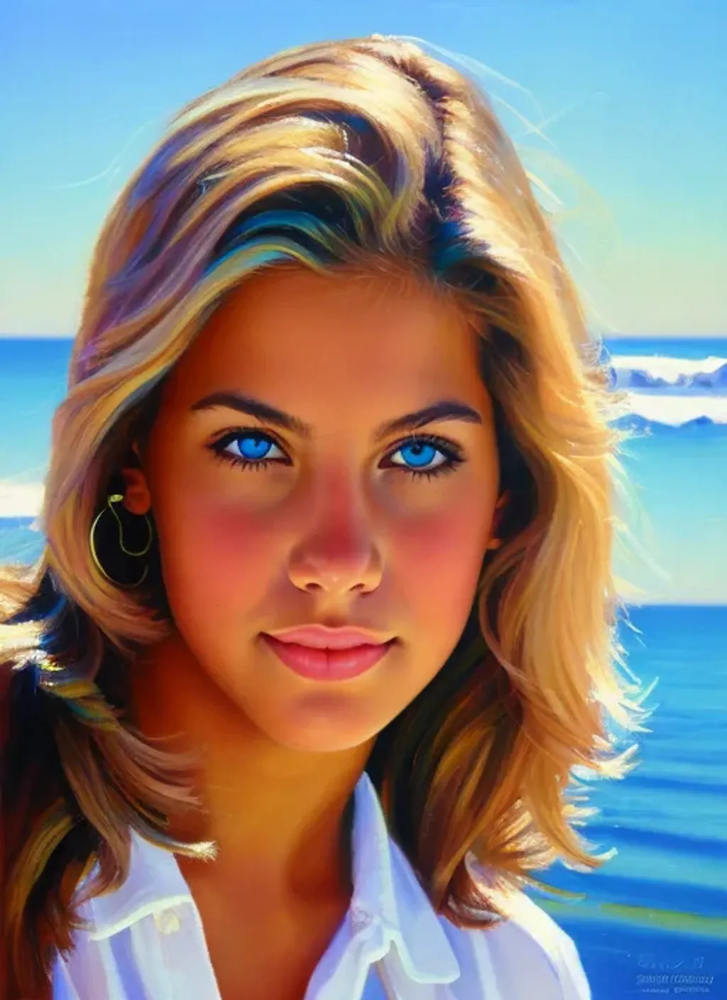 Prompt: Facial portrait of a pretty cute teen girl, hispanic, tan olive skin, dirty blonde hair, short hair, blue eyes, sunny weather, shirt, 80s, vivid colors, looking at the camera, extremely detailed painting by Greg Rutkowski and by Henry Justice Ford and by Steve Henderson