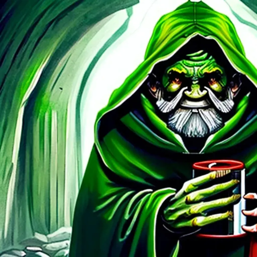 Prompt: An orc with very dark-green wrinkled skin wearing a deep red-hooded cloak holding a smoking science flask. He has a very short beard, and is in a detailed dark cave.