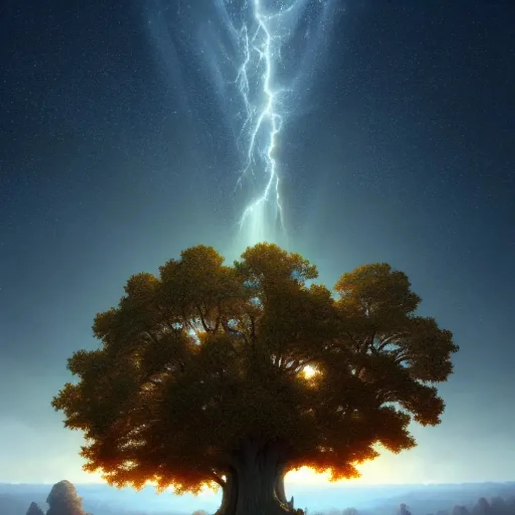 Prompt: image of an oak tree, majestic, giant, night-time, digital art, art by Jessica Rossier, art by Stephan Martiniere, art by Caspar David Friedrich, Trending on ArtStation