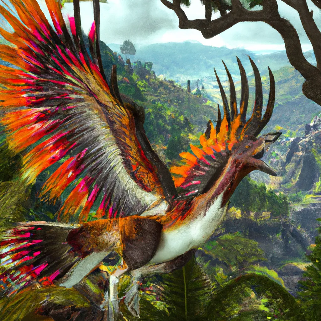 Prompt: The giant  Corvid-Hoatzin chimera of Archaeopteryx from the pre-historic era, in its habitat.  speculative evolution. Highly realistic accurate anatomical CGI representation, transitional features with birds and dinosaurs, amazing colors and patterns on its feathers, hyperrealistic, wildlife photography