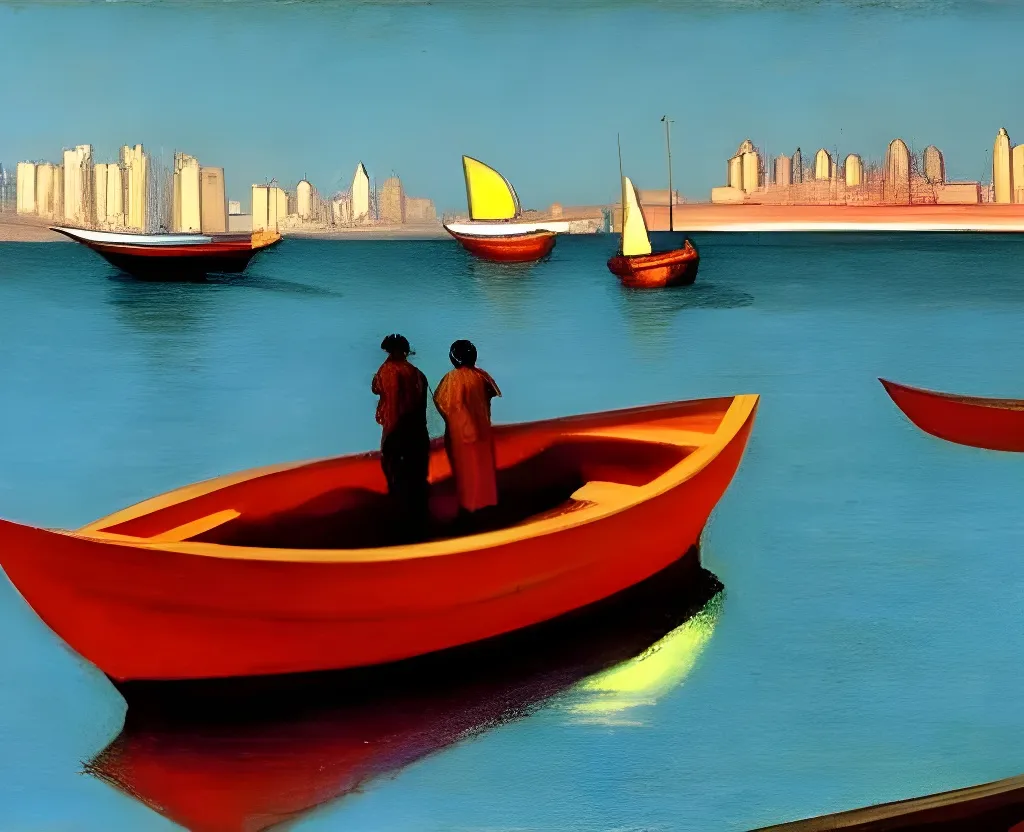 Prompt: dubai creek beduins on small boats overcrowded edward hopper