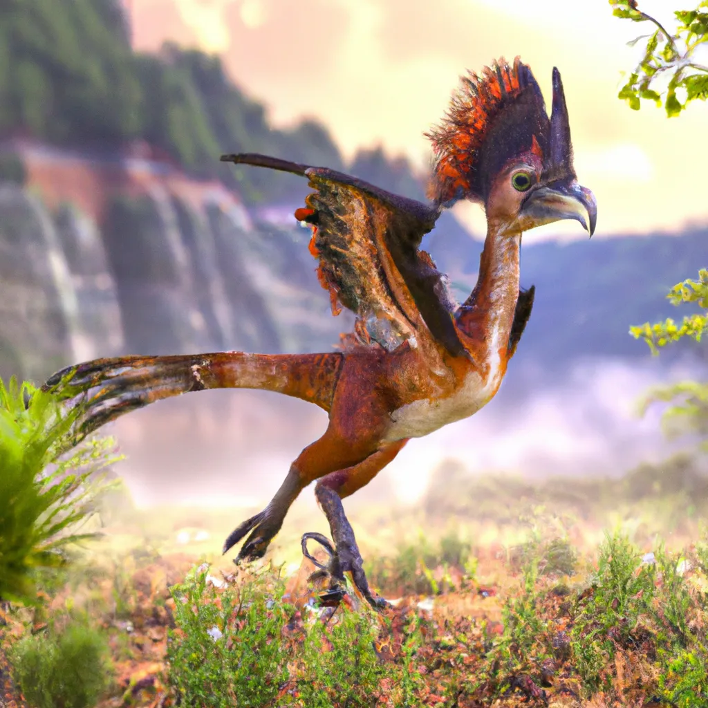 Prompt: The giant  Corvid-Hoatzin chimera of Archaeopteryx from the pre-historic era, in its habitat.  speculative evolution. Highly realistic accurate anatomical CGI representation, transitional features with birds and dinosaurs, amazing colors and patterns on its feathers, hyperrealistic, wildlife photography