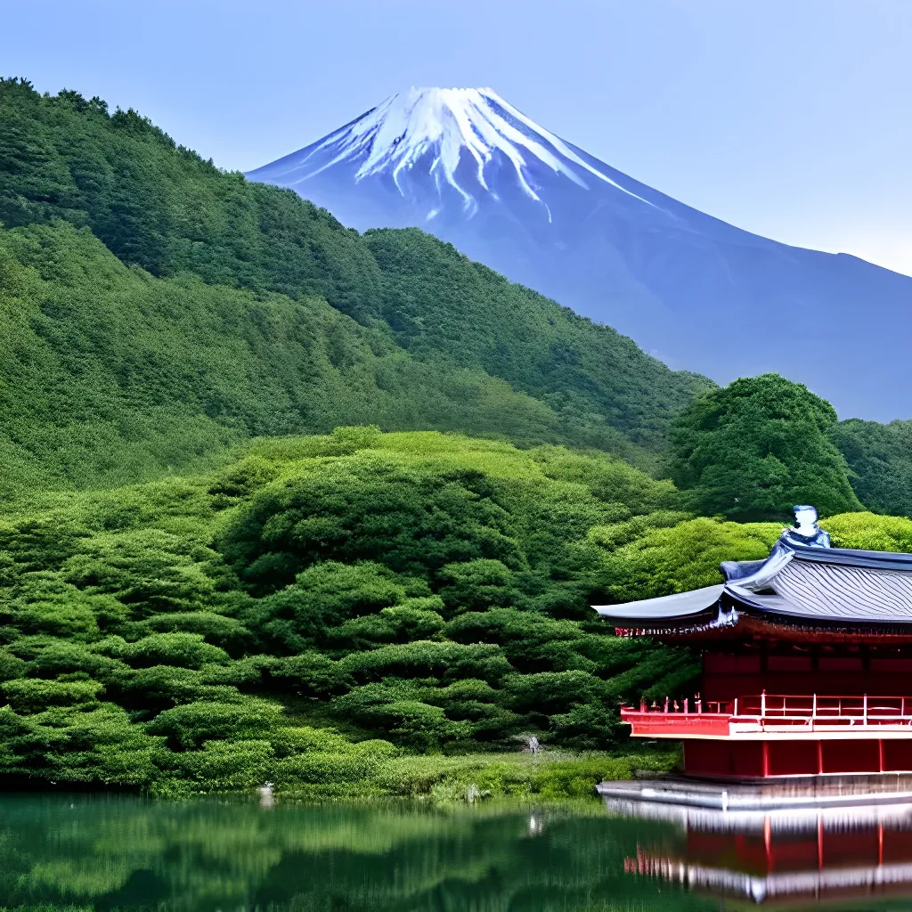 Prompt: Japanese mountain and a house by a lake with cherry tries