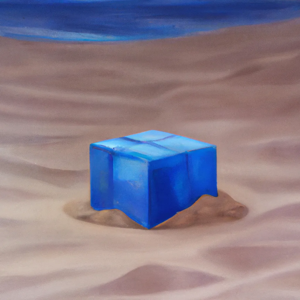 Prompt: Big blue cube partially buried in the sand, fantasy oil painting