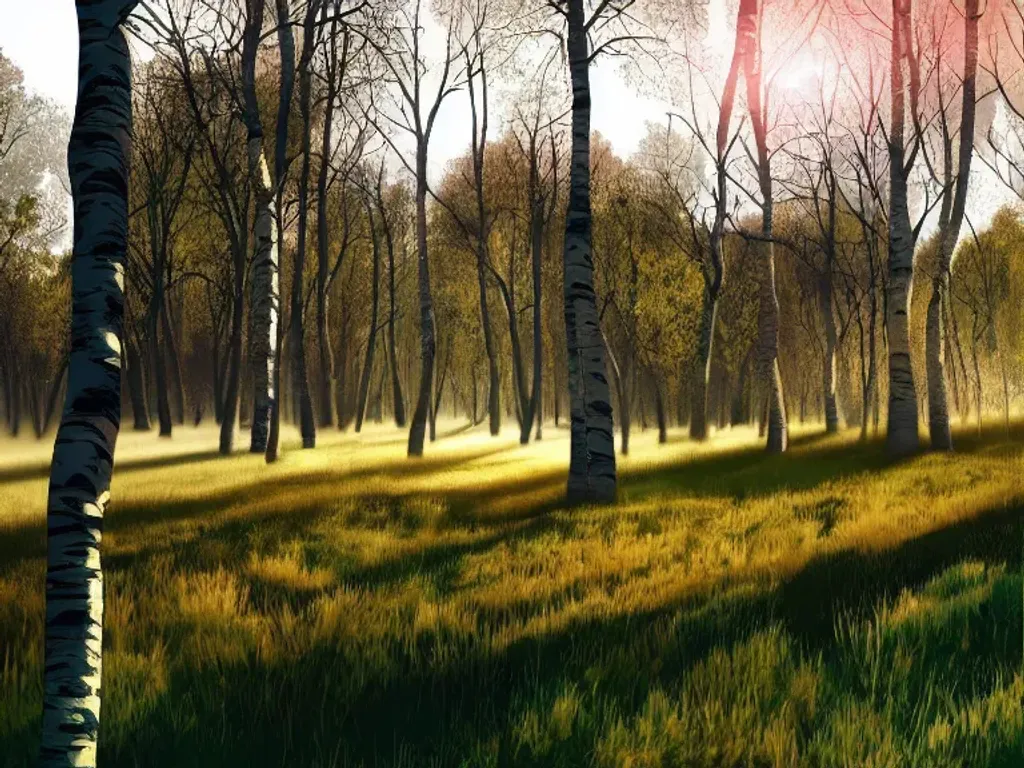 Prompt: Green park with birch trees at beautfiul sunrise, fantasy art trending on ArtStation, vector style, horizon silhouette Landscape wallpaper by Alena Aenami, firewatch game style, vector style background