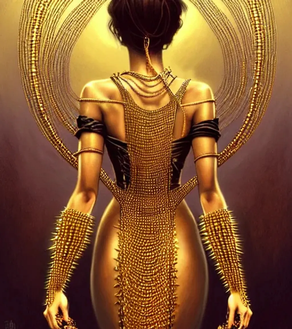 Prompt: girl made out of spiked golden chains in a dress made out of spiked golden chains. bound by spiked golden chains, spiked golden collar, golden eyes, fantasy, angry, intricate, dramatic, digital painting, artstation, smooth, sharp focus, illustration, art by artgerm and greg rutkowski and alphonse mucha