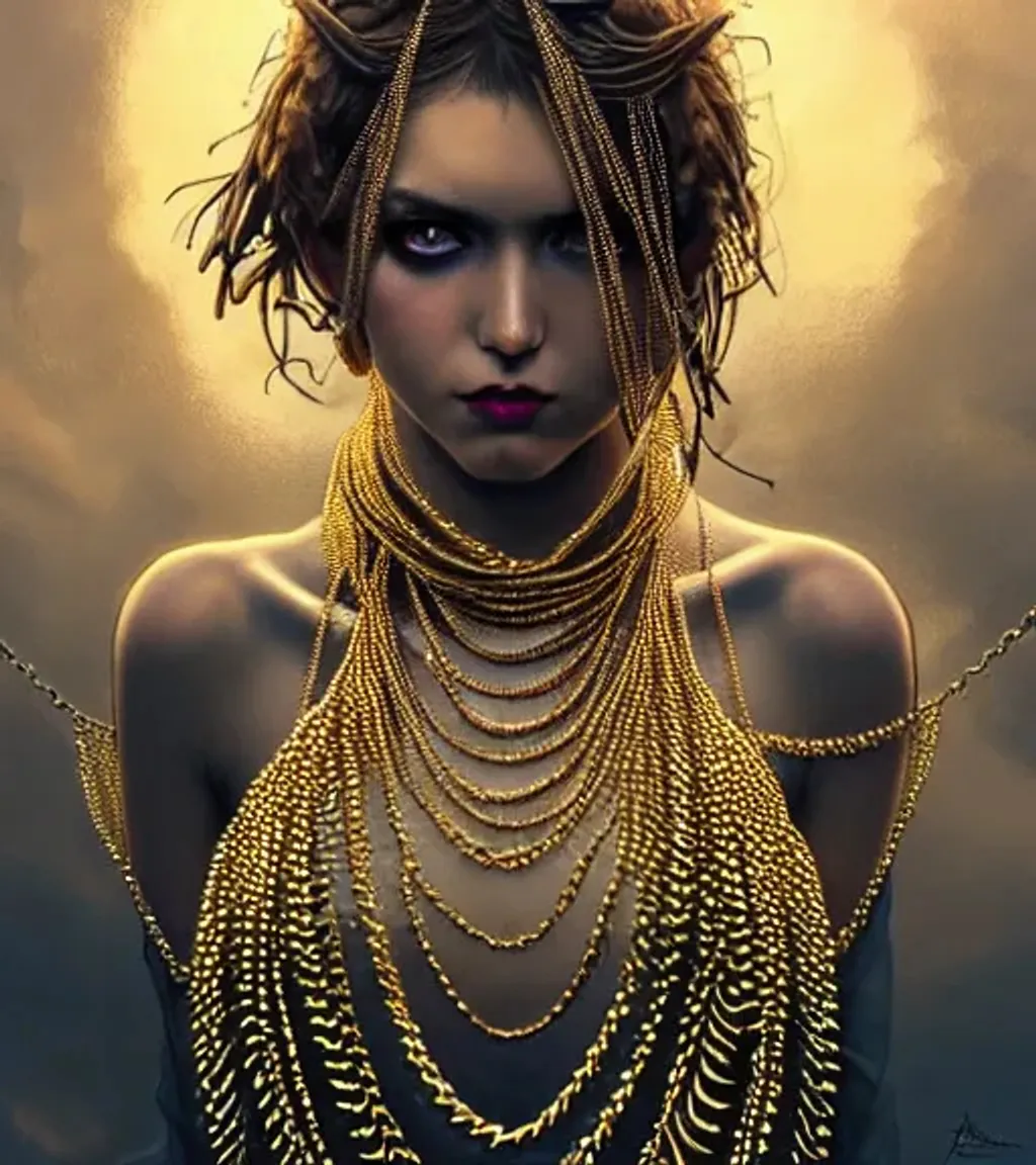 Prompt: girl made out of spiked golden chains in a dress made out of spiked silver chains. bound by spiked iron chains, spiked golden collar, golden eyes, fantasy, angry, intricate, dramatic, digital painting, artstation, smooth, sharp focus, illustration, art by artgerm and greg rutkowski and alphonse mucha
