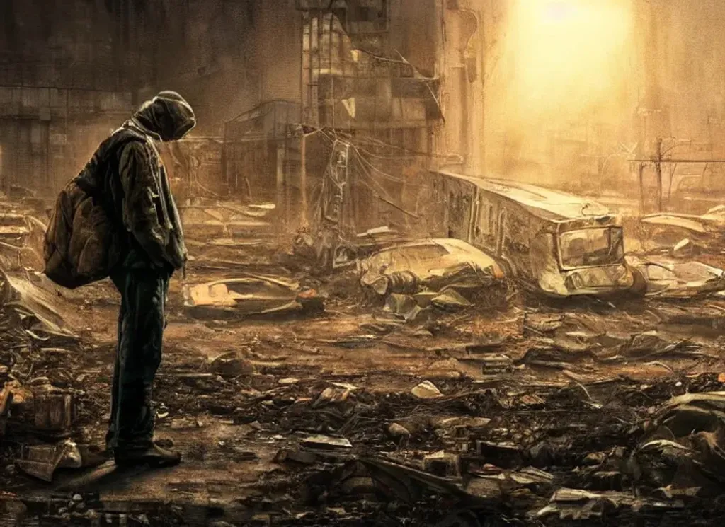 Prompt: A detailed sad pitiful shot of a starving man hopelessly staring at contaminated food in a post nuclear disaster Dystopian Wasteland, ornate, sad, dramatic lighting, hd, ultra detailed, cinematic shot, clear sky, summer, realistic, artstation