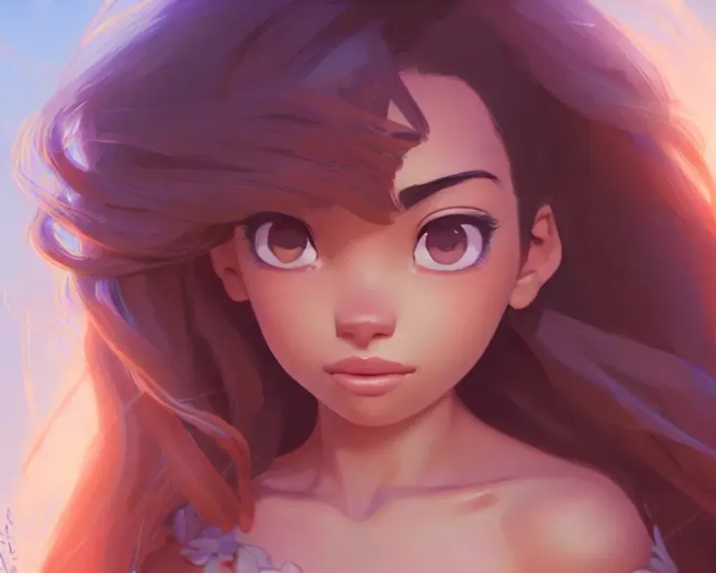 Prompt: Closeup face portrait of a Moana, smooth soft skin, big dreamy eyes, beautiful intricate colored hair, symmetrical, anime wide eyes, soft lighting, detailed face, by makoto shinkai, stanley artgerm lau, wlop, rossdraws, concept art, digital painting, looking into camera