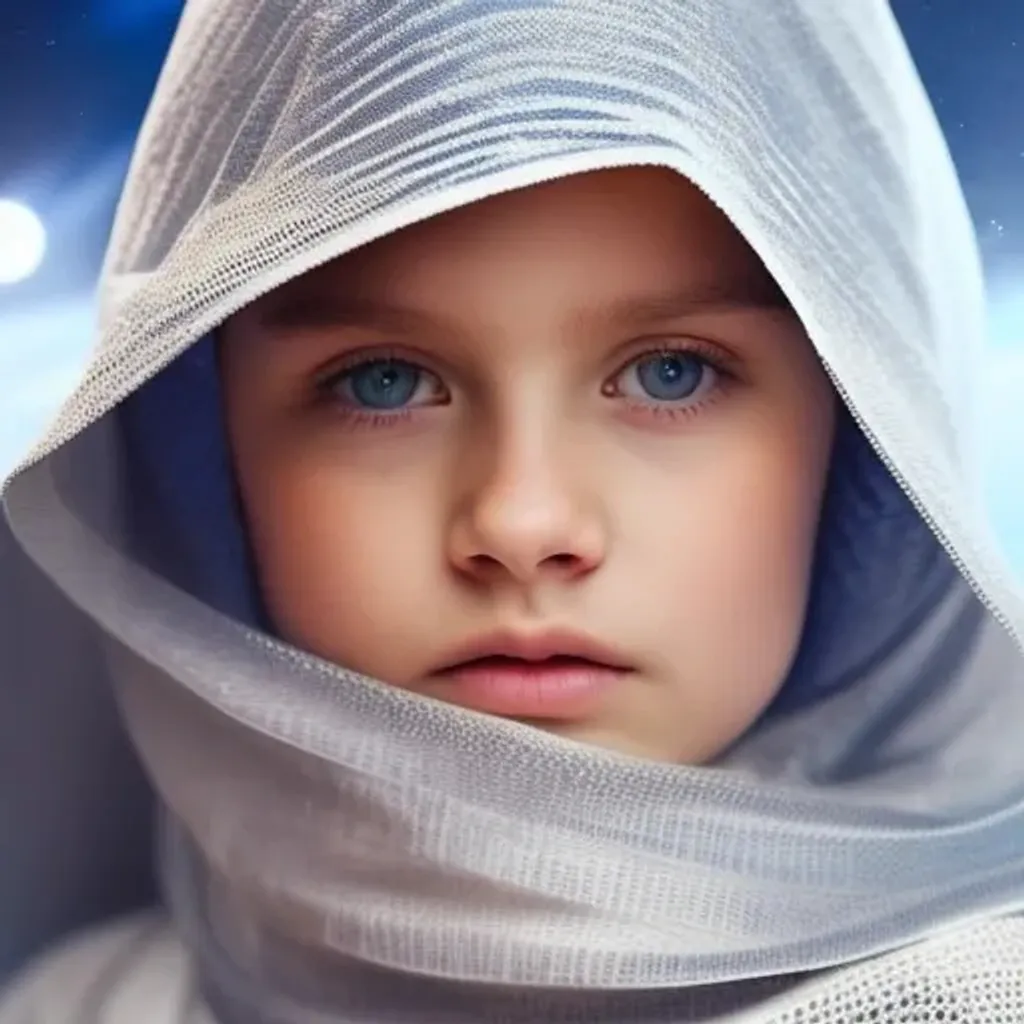 Prompt: cute beautiful {russian} child girl from another civilization and race, dressed in transparent silver clothing with  geometric symbols standing on the spaceship, {{{Multidimensional reality}}}, {{{parallel worlds}}}, {deep blue eyes with ultra details}, {deep blue eyes with light reflections}, {{{ultra high blue eyes render details}}}, {{{modest shy smile}}}, ultra-realistic soft lighting, {smooth soft skin}, sharp eyes, beautiful intricate {white hair}, natural color of lips, symmetrical face, anime wide blue eyes, soft lighting, cute smile, {eyes with reflection}, bright soft light from the behind, {5 fingers with ultra high details and render quality}