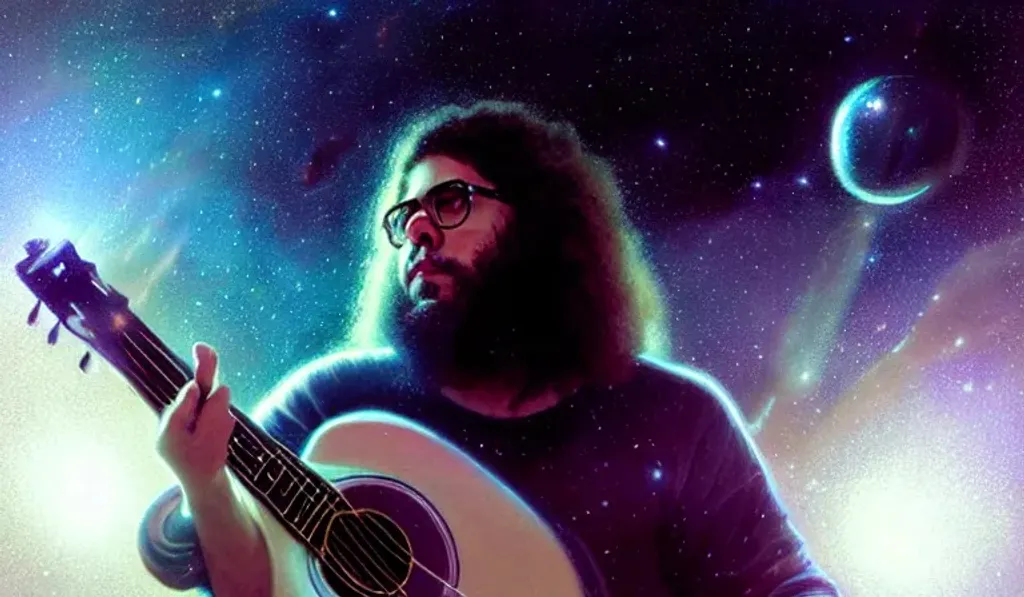 Prompt: Young Claudio Sanchez from Coheed and Cambria, glowing galaxies, intricate wispy beard, guitar of stars, spacesuit, distant worlds, detailed face, detailed eyes, hyperrealistic, by Greg Rutkowski