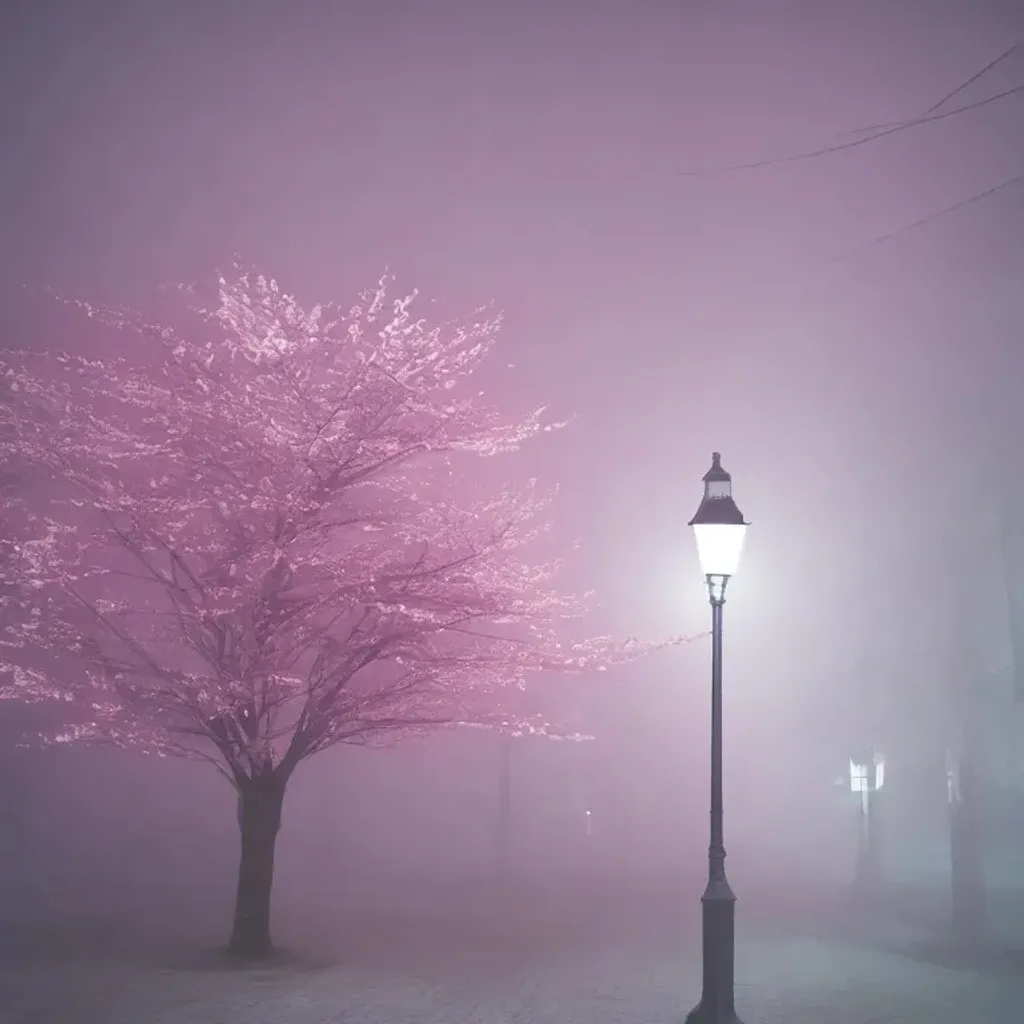 Prompt: low poly cherry blossom tree in the fog at night, with a street lamp, soft colors, liminal space
