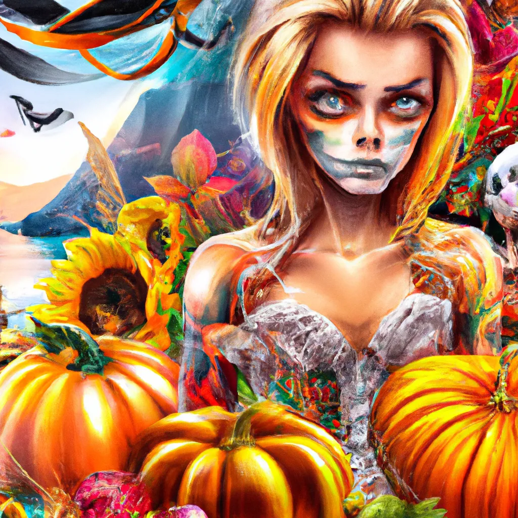 Prompt: Detailed hyper realistic sharp digital airbrush by Anna Dittmann, preston blair, Tom Bagshaw, eyvind earle, tim Burton, Gil Elvgren. Autumn landscape with A Scary Haunted Horror spooky ghost woman. Desire love ghosts friendship blessings femininity strength healing ecology stars pumpkins lillies magic steampunk  robot