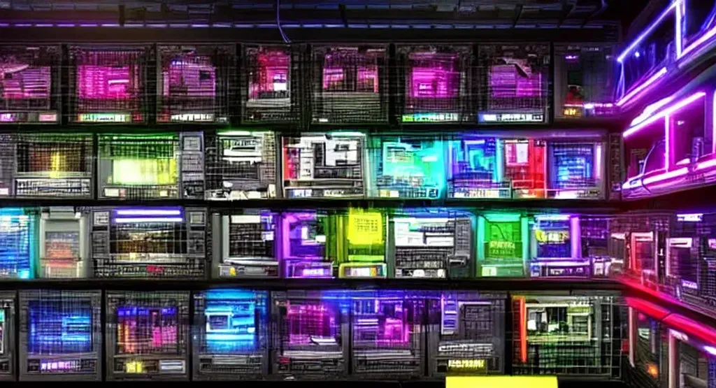 cyberpunk y2k 90's computer parts store with dark ro