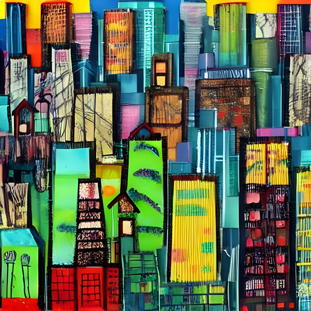 Prompt: city and forest, unhappy colorful asbestos art