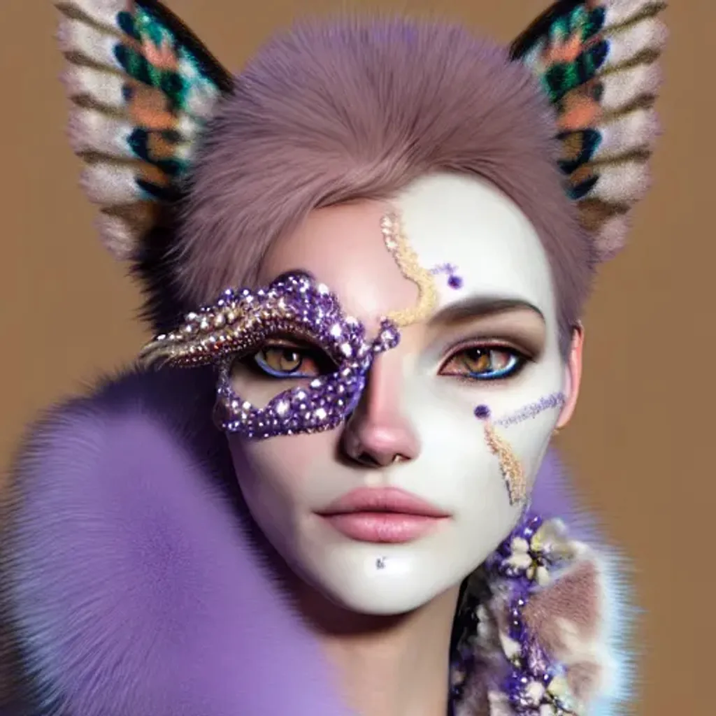 Prompt: a bejewelled felinoid fursona with soft downy facial fur, blue, lavender, mauve, cream, brown eyes, white and cream striped fine, whispy body fur, calico-Influence, white luminescent biomorphic glistening wings, in the style of Mandy Jurgens, Amanda Sage, in flower garden in the style of Fragonard, darkness, glowing magical flowers, moonlight, low volumetric glowing fog, background theme glowing stars, epic, painted, fantasy, beautiful rich deep colors, dynamic lighting volumetric lighting , occlusion, 128K UHD Unreal Engine 5
