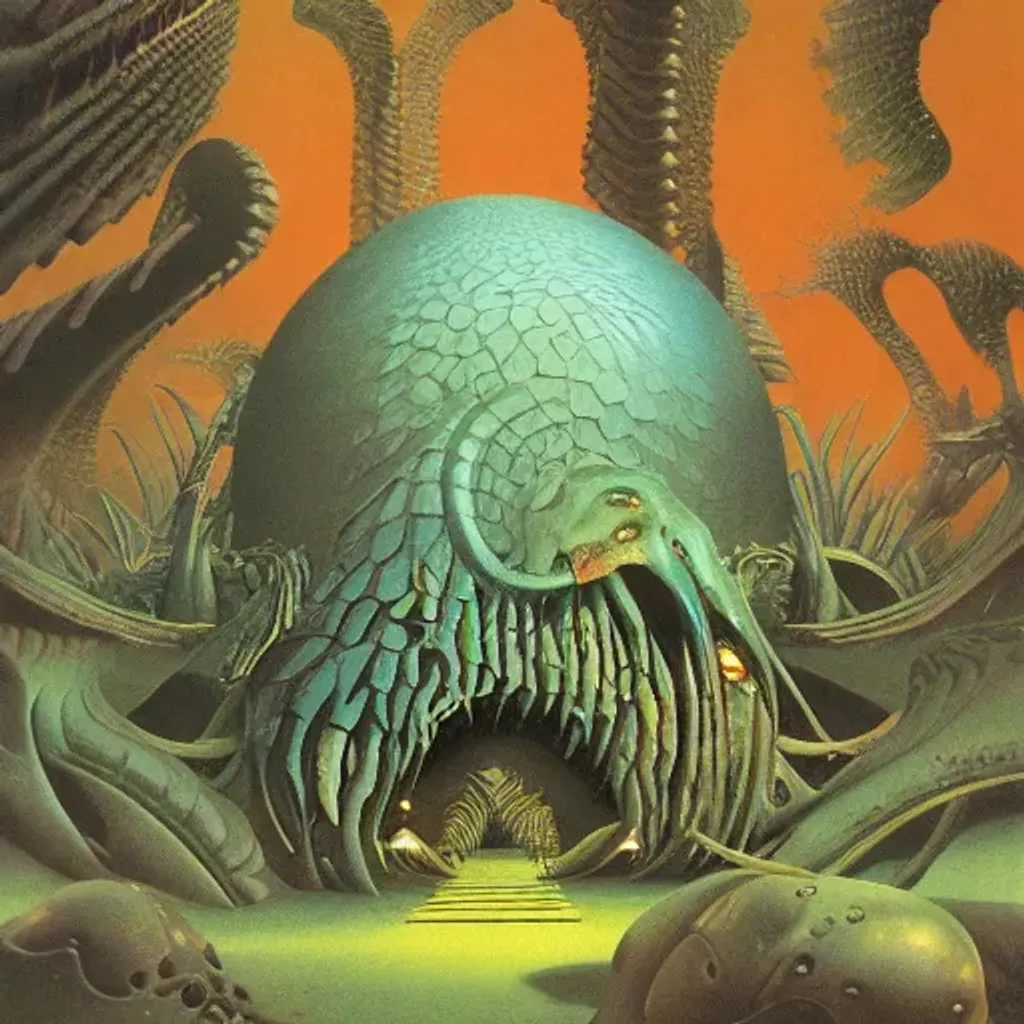 Prompt: Psygnosis cover art by roger dean. giger