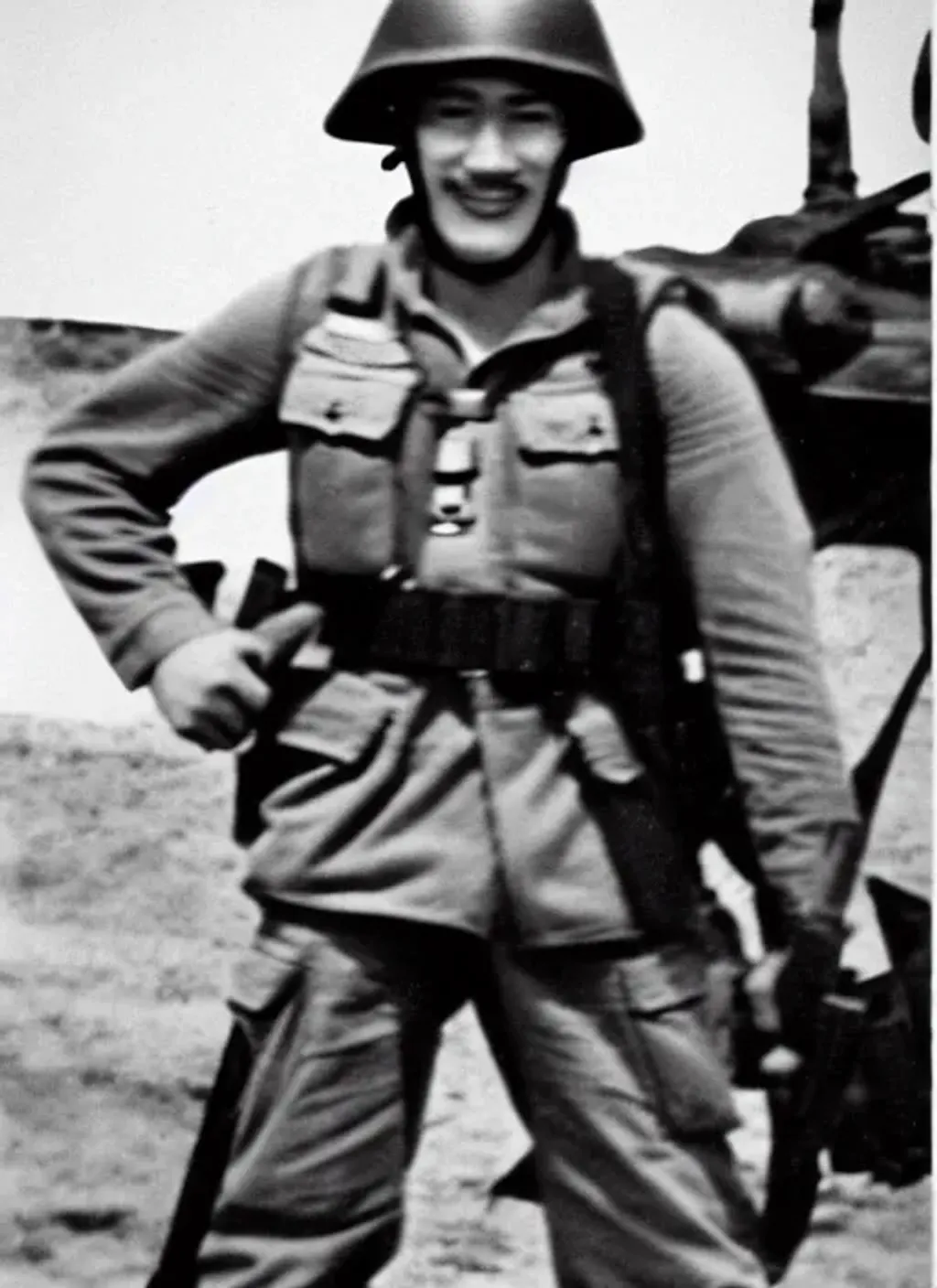 Prompt: Photograph of Markiplier as a soldier in World War II, black and white