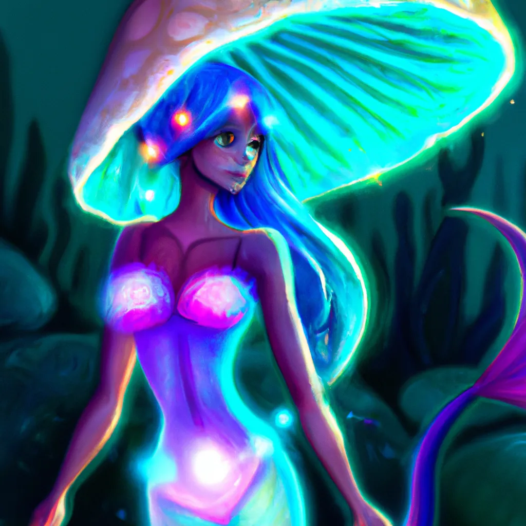 Prompt: Detailed illustration, beautiful mermaid with fin ears, glowing mushroom hat, key visual, character design, character concept, bright lighting, deep sea, coral reef, fish, High detail,high quality, 8k, fantasy atmosphere, magic, character concept art from a popular video game, animation, pixar, disney, anime, animated, opal pearl tail, shimmering scales
