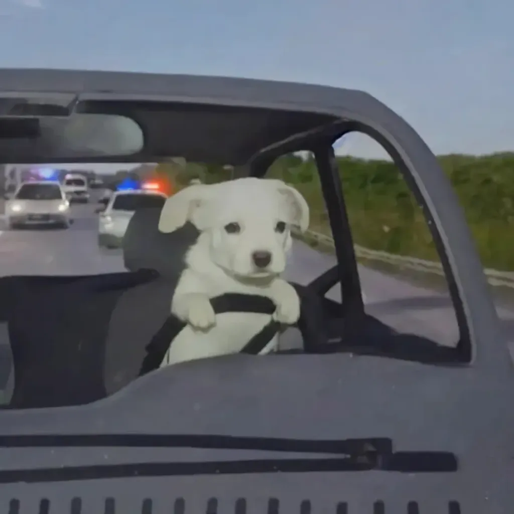 Prompt: a little puppy escaping from the police driving a car