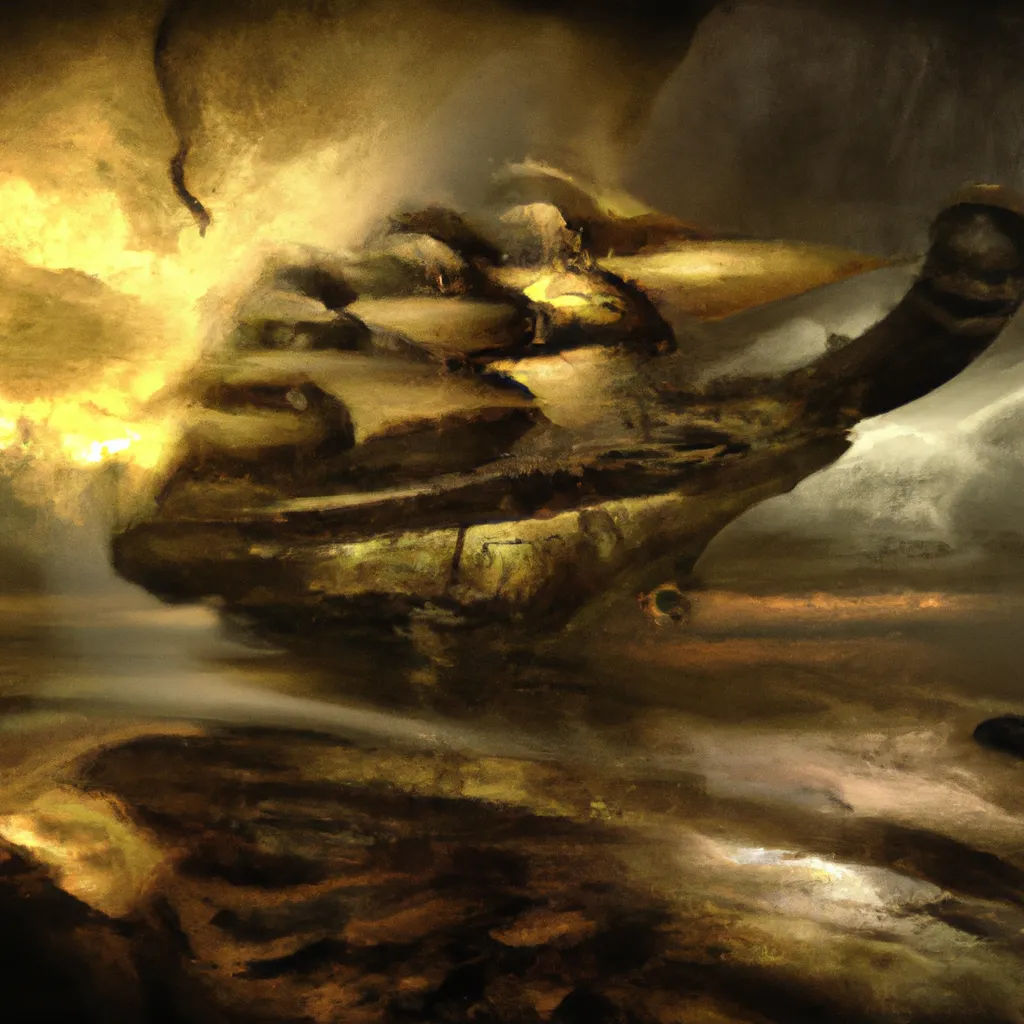 Prompt: Curvaceous Light bending monster ancient  phantom ghost ship  covered in halogenic golden sunset  in the style of Bruce Pennington, Dali, Munch, Escher, Klarwein, Yamamoto, Hattori, Leyendecker, Mullins, Magritte | extreme wide angle shot  | lost ship    | centered |muted desaturated tones | dark background | ultra sharp focus | 3d octane render artstation trending 8k unreal engine | batman movie| Disney Pixar Dreamworks 