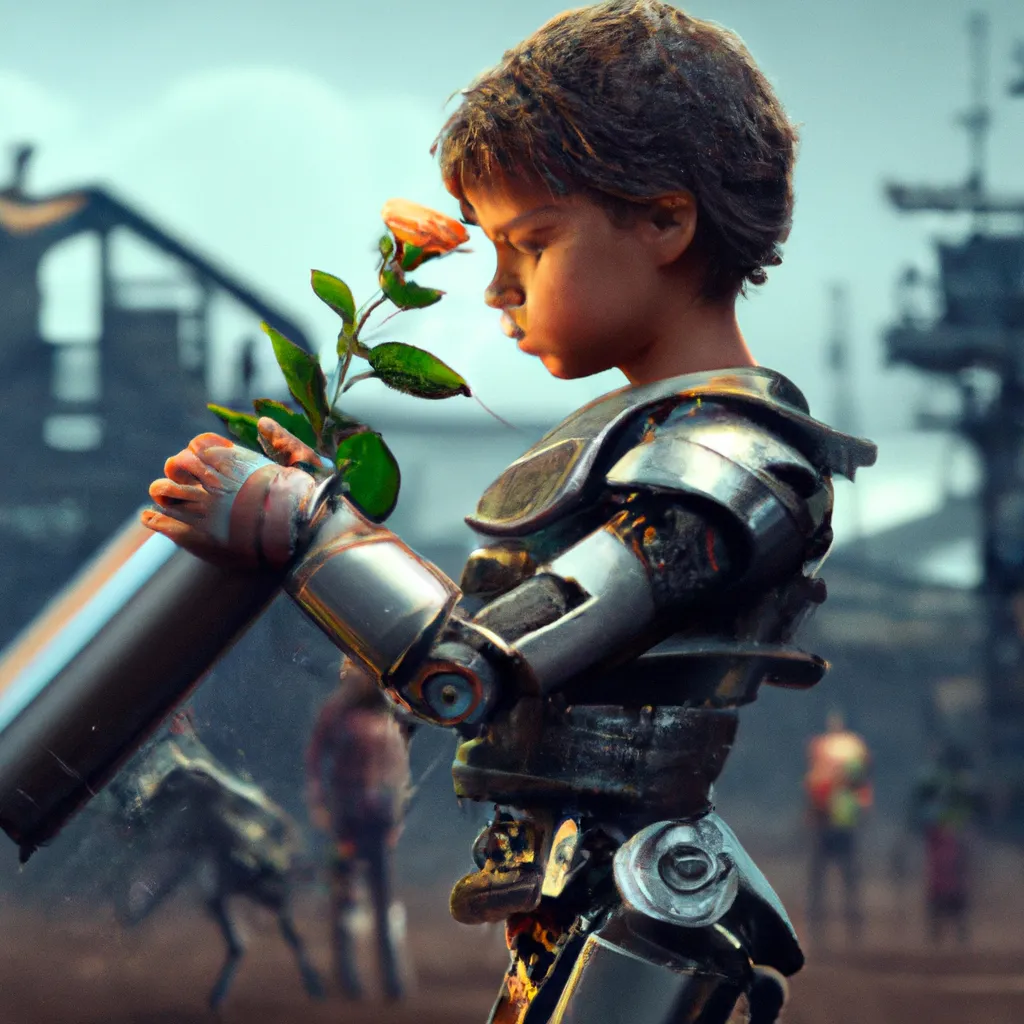 Prompt: 🙂 junk cute adorable handsome young boy wearing futuristic body Armour in a dystopian wasteland, watering a red rose using a watering pot, 4 k, hyper realistic, dslr, high resolution, mechanical parts, volumetric lights, sci - fi, blade runner, trending on artstation, sharp focus, studio photo, intricate details, highly detailed