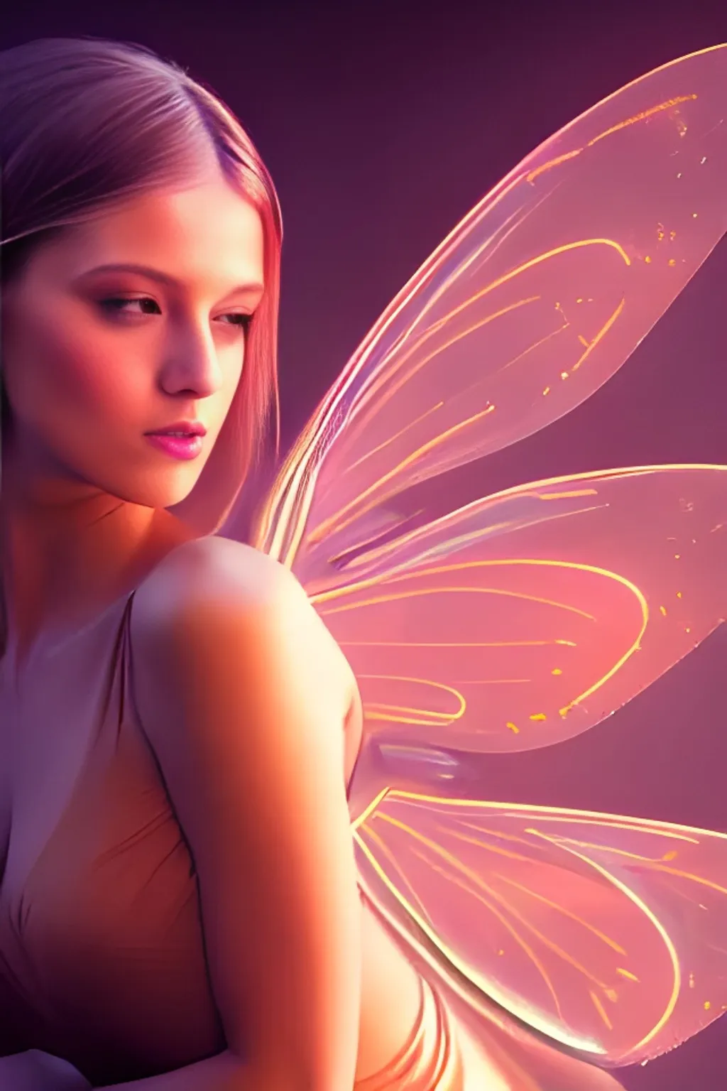 Prompt: beautiful mysteric young human woman with wide opened translucent glowing magic fairy wings behance contest winner, ultra-detailed, high end finish, realistic face, octane render, cinematic lighting, high contrast, 8k, photo realistic, character design, uhd, 4k