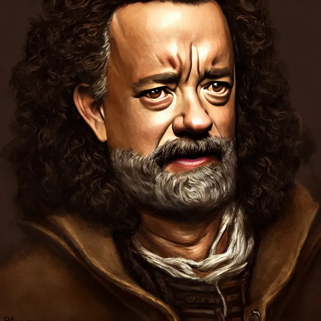 Prompt: highest quality portrait of Tom Hanks dressed as a rugged 17th century man in a jacket, victorian, detailed face, fantasy, close up face, highly detailed, cinematic lighting, digital art painting by Olga Skomorokhova, ultra sharp, smooth sharp focus, artstation hq, behance hd, trending on artforum, on display