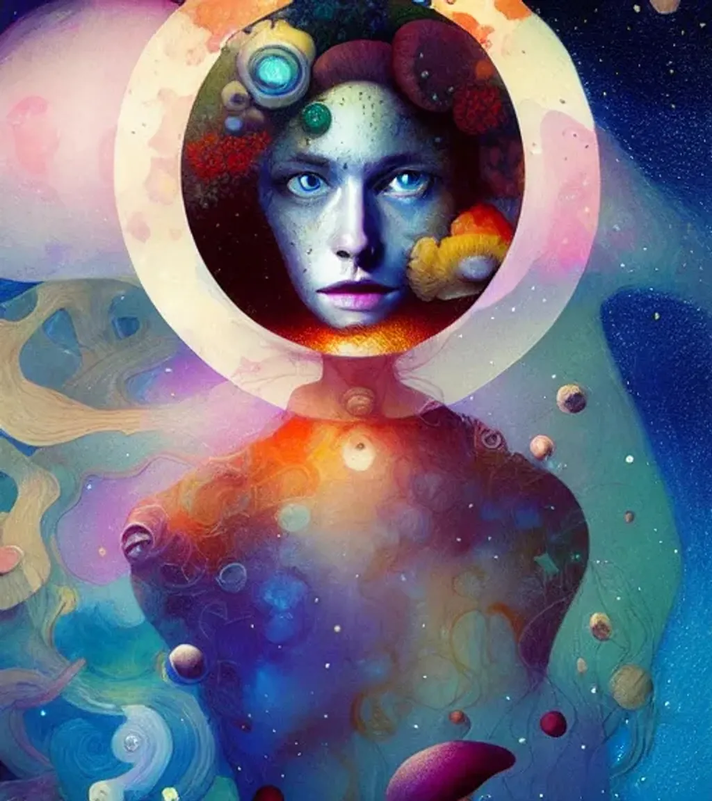 Prompt: Character by Ryan Hewett, Detailed eyes, digital painting, Beautiful woman with mushrooms growing out of her hair, hq, fungi, celestial, portrait, victo ngai, moon mushroom galaxy, Jan van Eyck, galaxy, moon
