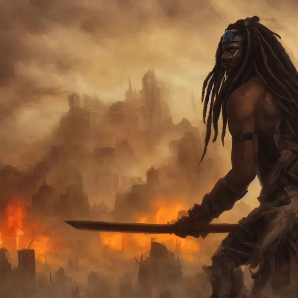 Prompt: a picture of dreadlock black warrior facing the front, at the back these buildings burning and and dead dragon on the ground, matte painting, cinematic, epic sky, detailed, concept art, low angle, high detail, warm lighting, volumetric, godrays,