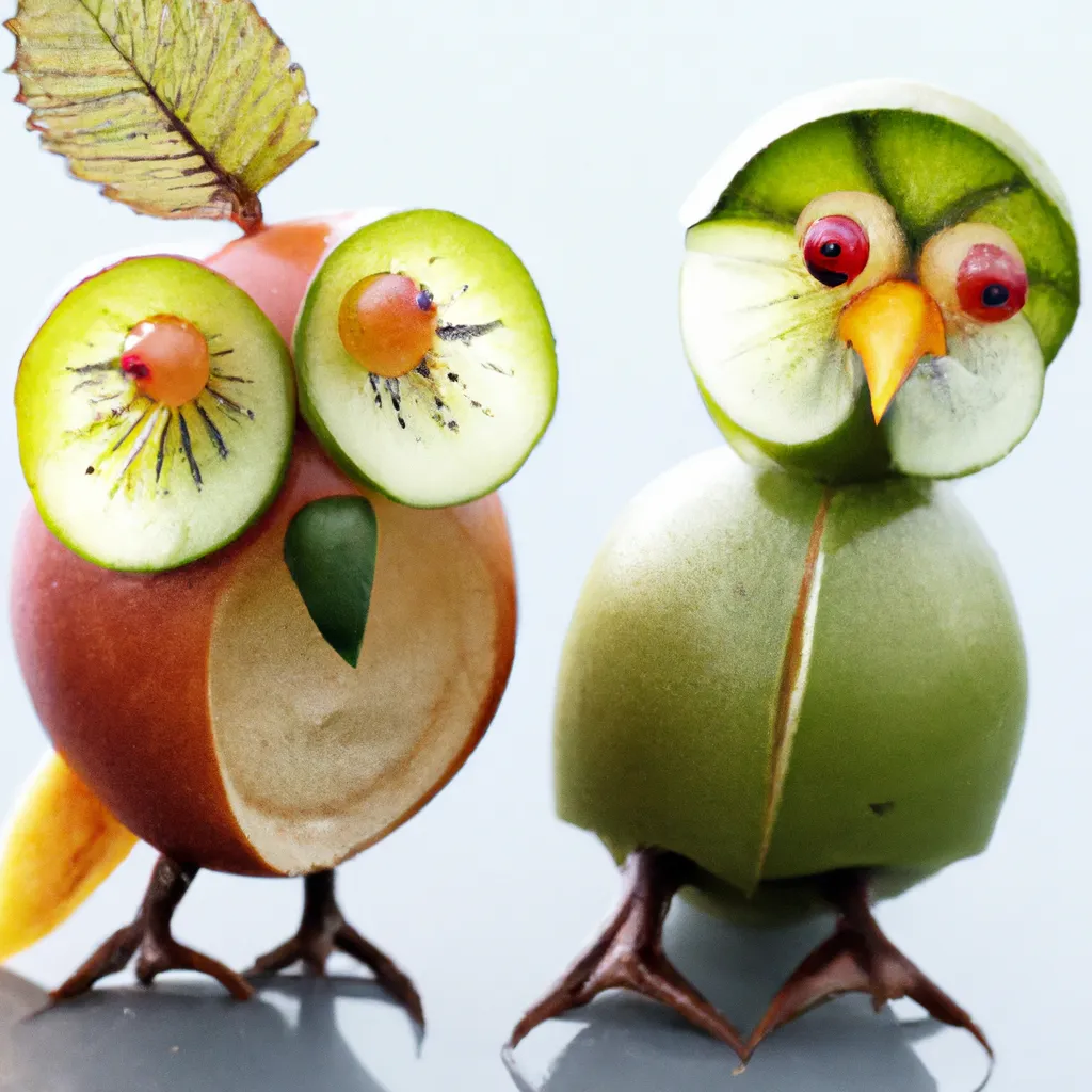 Prompt: Aexotic birds made out of fruit, high quality, 4k, photorealistic