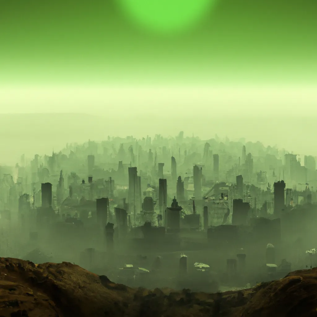 Prompt: Dystopian Wasteland with a town sinking in a crater filled with lime green ooze, erie, foggy, scary