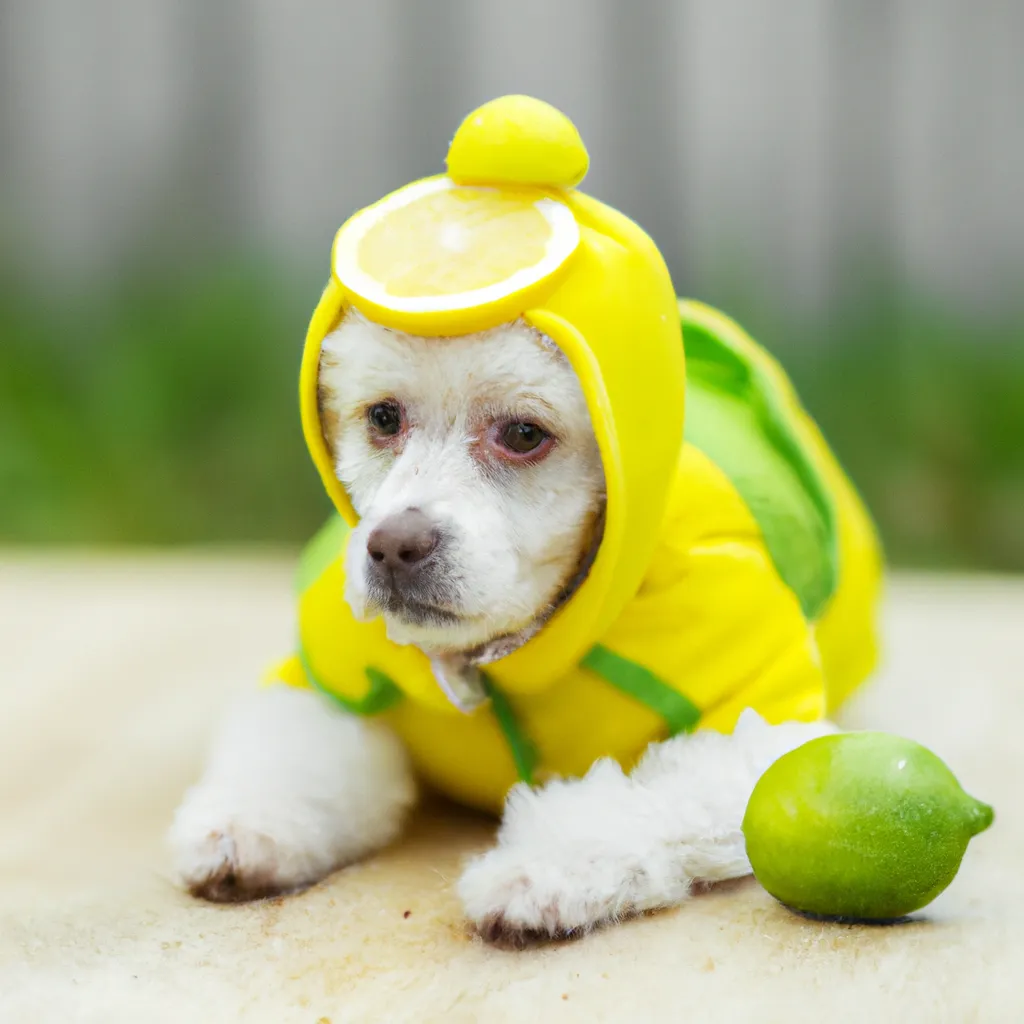 Prompt: cute puppy dog in funny lemon costume 