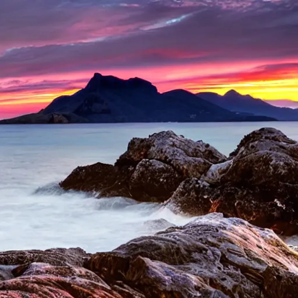 Prompt: Portrait Sunset , mountains, ocean