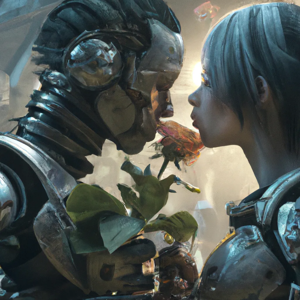 Prompt: 🙂 junk cute adorable handsome young boy and girl, wearing futuristic body armour in a dystopian wasteland, kissing each others, holding a red rose, 4 k, hyper realistic, dslr, high resolution, neon light mechanical parts, volumetric lights, sci - fi, blade runner, trending on artstation, sharp focus, studio photo, intricate details, highly detailed