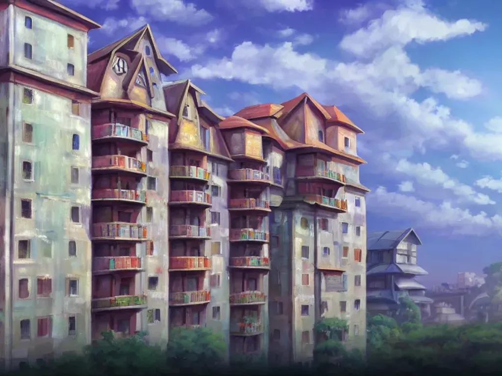 Prompt: Large multi-storey building at noon, anime, oil painting, high resolution, cottagecore, ghibli inspired, 4k