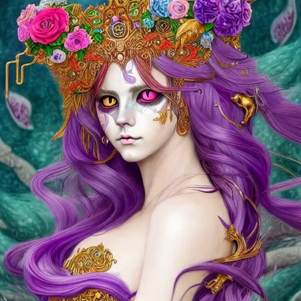 Prompt: cat girly shapeshifter fursona, green orange red purple eyes, colourful, very fine luxurious long flowing hair, humanoid in the style of Annie Swynnerton and victo ngai, detailed and intricate, ornate, hyper realistic, super detailed, and intricate, hypermaximalist elegant aesthetic, ornate, artifact, fractal, otherworldly, perfection, awesomeness, glee, spotted fur, volumetric lighting, volumetric swirling mist, pink orange red charcoal blue, cinematic, furaffinity, 128K, UHD, Unreal Engine 5, pi, fractal, fBm