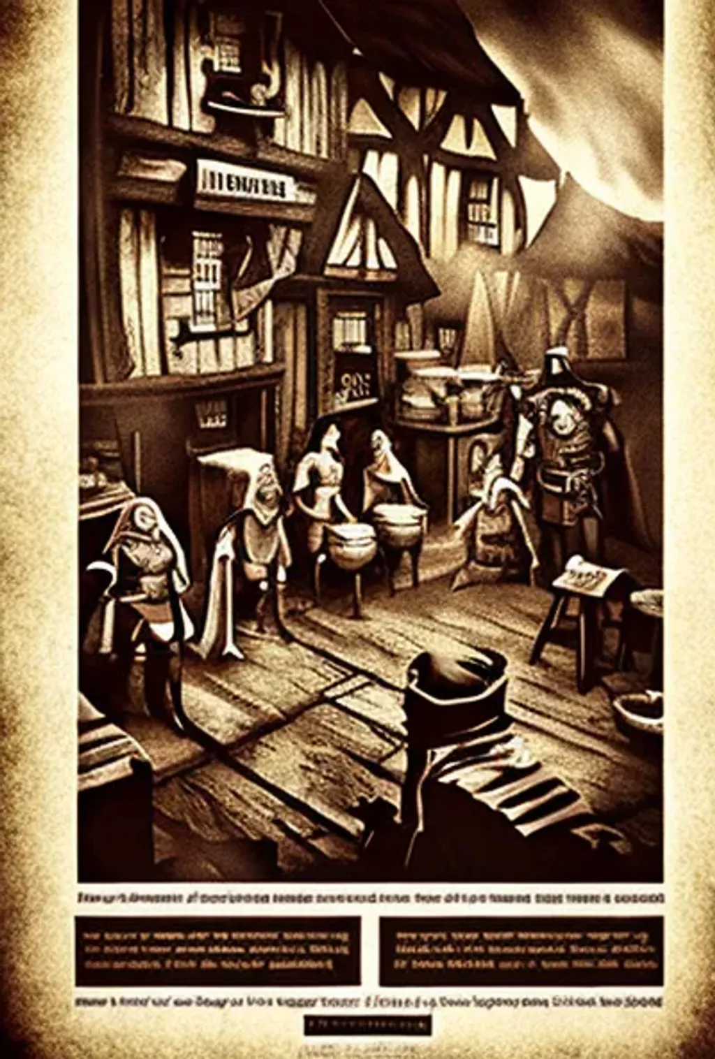 Prompt: Mordheim poster tavern advertisement sepia