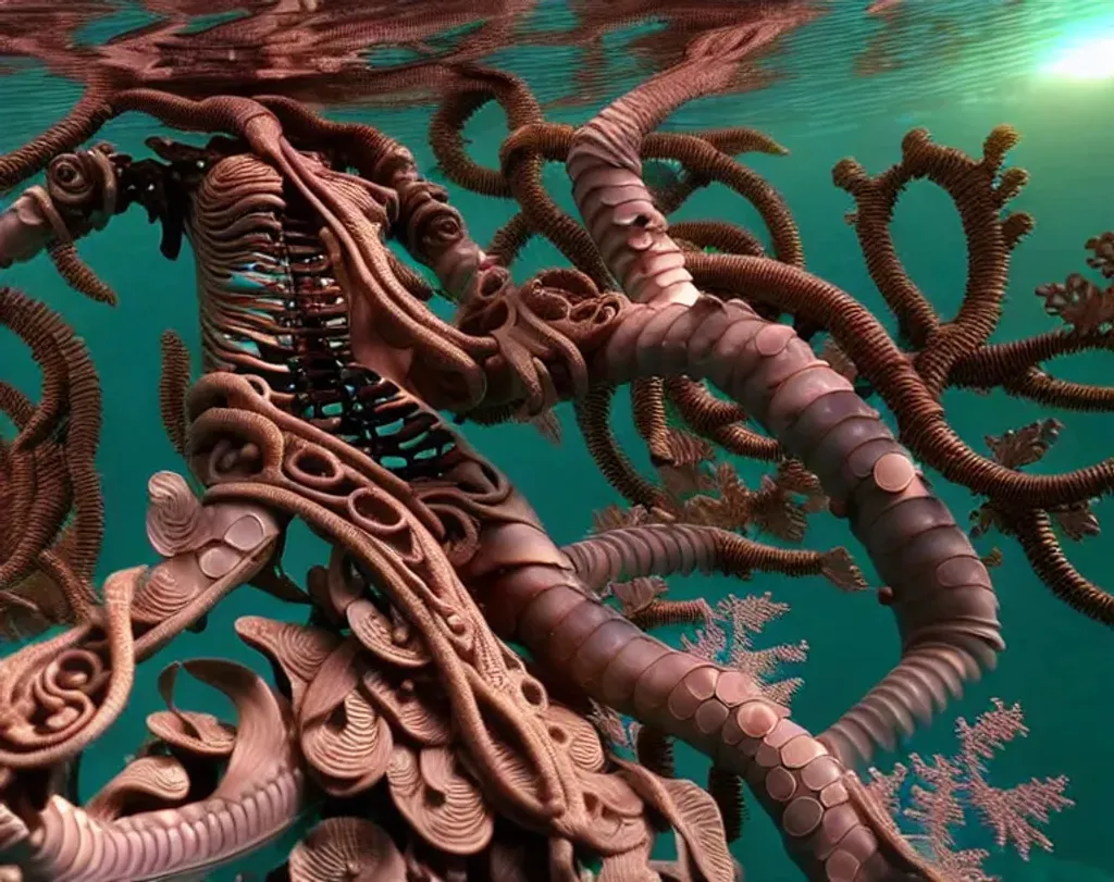 Prompt: high resolution, underwater 3D Closeup of a (humanoid) procedural biological construct, skeleton-influence, intricately carved 3D textures, swimming in translucent biological gel, high refraction,  bronze coral cream slate bone fulvous indigo green asphalt black , by Cynthia Turner, EDMOND ALEXANDER, Audra Geras (background theme) streamers, wavelets, tendrils, swirling Micro bubbles, von karmann vortices, fractal textures, mirrored reflections, dark infinite depth by (Noah Bradley, Ernst Haeckel), medical illustration, airbrush on paper, hyperreal, global illumination, volumetric lighting, occlusion, subsurface scattering, wide angle, polaroid filter, Houdini 128K UHD octane render, fBm, fractal, pi