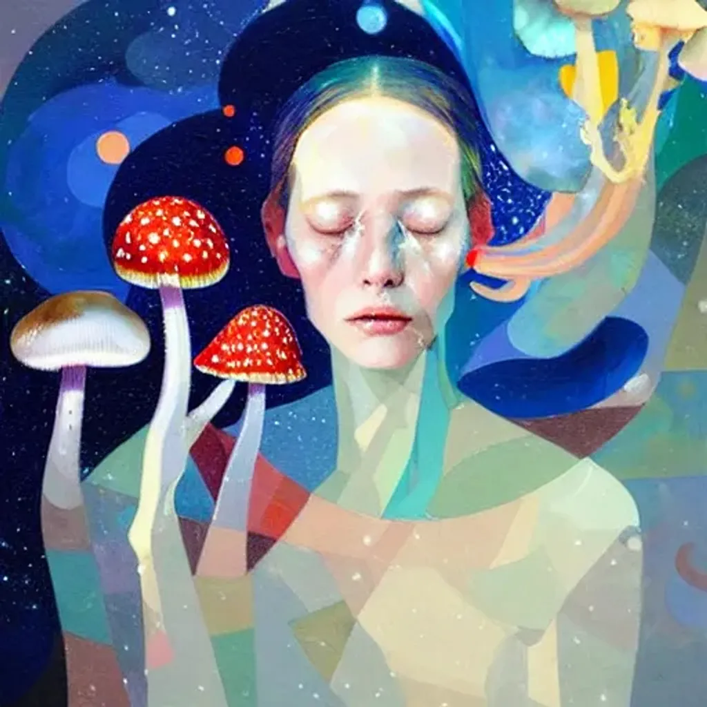 Prompt: Oil painting portrait by Ryan Hewett, Beautiful woman crying mushroom shaped tears, mushrooms, victo ngai, hq, fungi, celestial, moon, galaxy, stars 